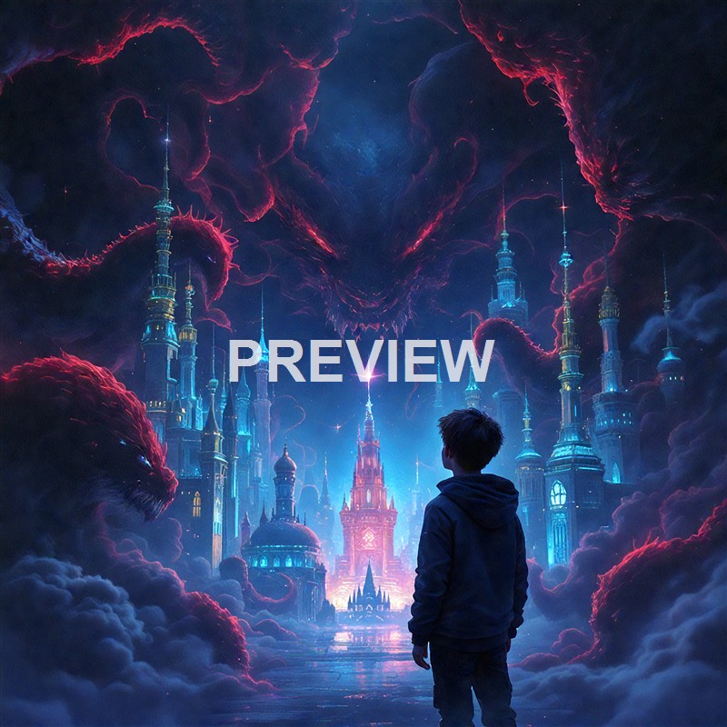 A young boy stands in front of an elaborate, glowing fantasy cityscape with tall, ornate spires and swirling, colorful clouds in a surreal, otherworldly atmosphere.